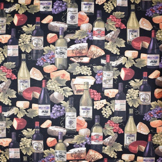 Cheese, Grapes &#x26; Wine Bottles Cotton Fabric